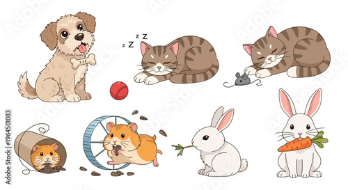 A digital illustration of a dog, cats, hamsters, and rabbits playing with toys and relaxing.