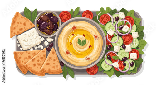 A vibrant platter of hummus, pita bread, salad, and olives on a table setting