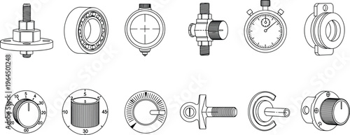 Technical Engineering Vector Icon Set Featuring Mechanical Parts Bearings Gauges Dials and Hardware Components Isolated on White Background for Industrial Design and Manufacturing Project Manuals