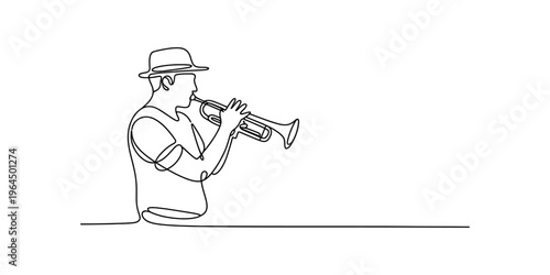 A single continuous line drawing of a jazz musician wearing a hat and playing the brass trumpet. Vector, illustration