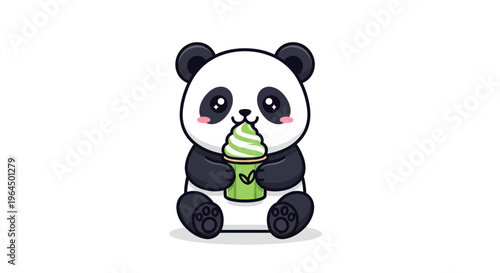 A cute panda eating green ice cream on a white background happily.