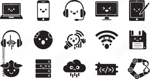 Black and white of various electronic devices and household including a laptop smartphone tablet speakers headphones camera and more