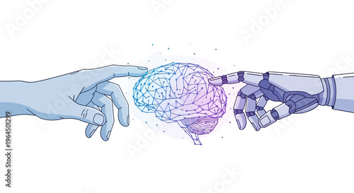 Human hand and robotic hand touching a brain with glowing lines on it.