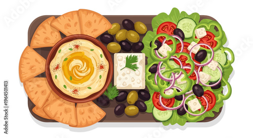 A vibrant platter of hummus, pita bread, salad, olives, and feta cheese on a wooden board