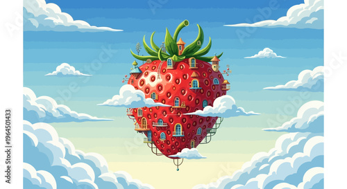 Fantasy strawberry island floats amidst fluffy white clouds in a serene blue sky