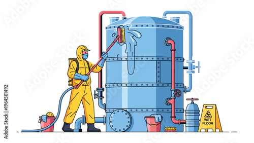 Decontamination in Progress: A worker, clad in protective gear, meticulously cleans a large industrial tank, symbolizing safety and environmental responsibility.
