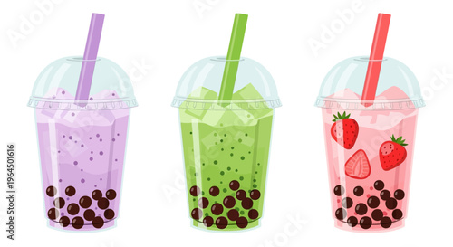 Colorful bubblegum drinks with straws and boba