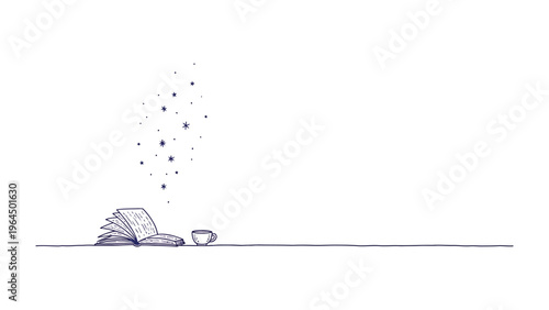 Fotografija Reading Moment: A minimalist illustration of an open book beside a cup suggests a moment of tranquil reflection and literary enjoyment, inviting the viewer into a world of knowledge and serenity