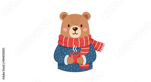 A cute brown bear in a blue sweater and red scarf holds a hot cup.