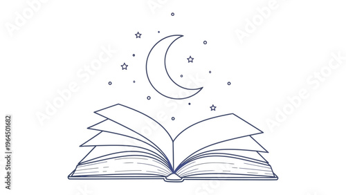 Literary Dreamscape: An open book, beneath a crescent moon and twinkling stars, evokes the magic and wonder of storytelling, inviting readers into a world of imagination and endless possibilities.