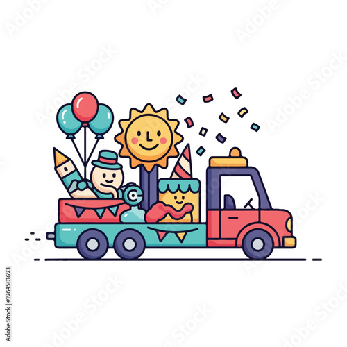 Colorful cartoon truck with smiling sun and characters on a festive ride