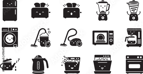Black and white of various kitchen appliances and gadgets blender coffee maker