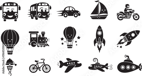 Black and white of various transportation modes and
