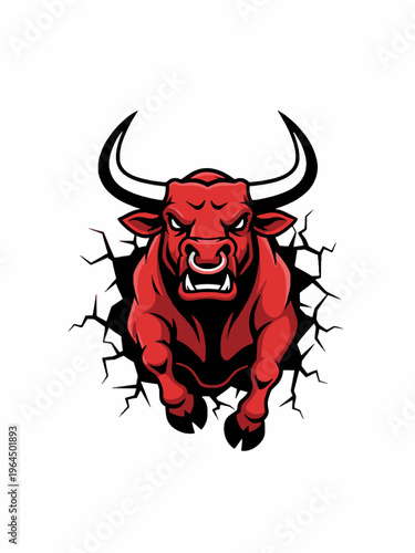 Angry Red Bull Mascot Breaking Through Wall Vector Illustration