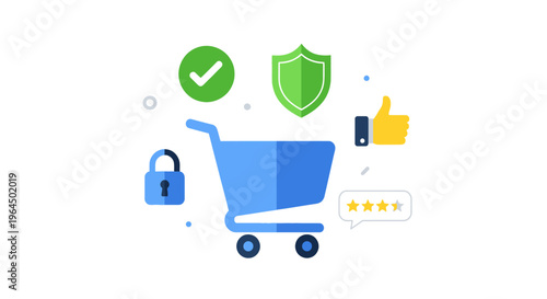 E-commerce Security, Customer Satisfaction & Trust: Shopping Cart, Shield, Checkmark, Padlock, Thumbs Up, Star Reviews