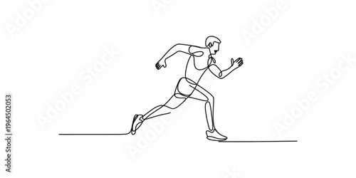 Continuous single line drawing of a male athlete running quickly forward on a white background. Vector, illustration