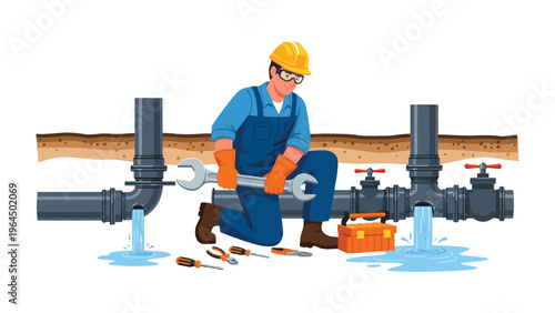 Pipe Repair Expertise: A skilled tradesperson tackles a challenging pipe repair, expertly wielding a wrench amidst a network of pipes and flowing water.