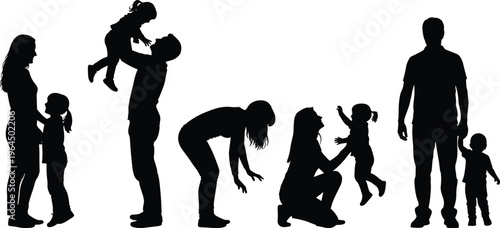 Silhouette collection of happy family moments with parents playing lifting and holding their young children isolated on a white background