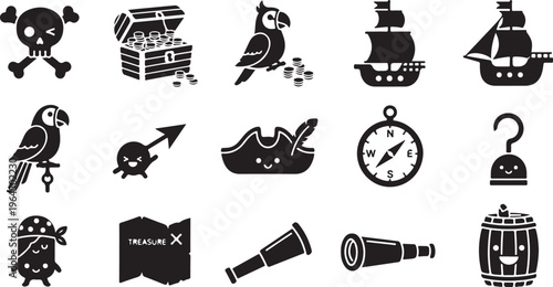 Black and white pirate themed including treasure chest map compass and ship skull crossbones