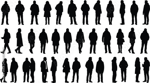Black and white vector illustration set of people silhouettes standing and walking in casual clothing, perfect for design, posture, and human figure themes.