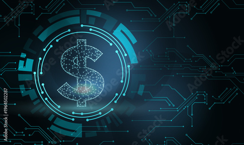 A futuristic dollar sign made of connected lines, set within a glowing circular interface against a dark background, representing digital finance, secure transactions, and blockchain technology.
