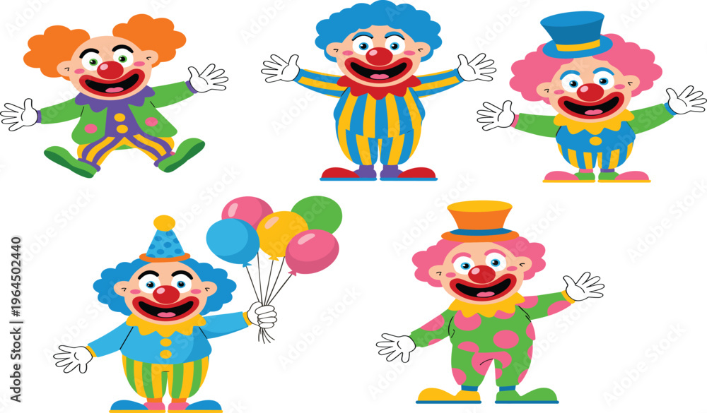 Fototapeta premium Colorful cartoon clowns with balloons, hats, costumes, exaggerated facial expressions, playful circus theme for children’s entertainment, party, and festive design illustrations