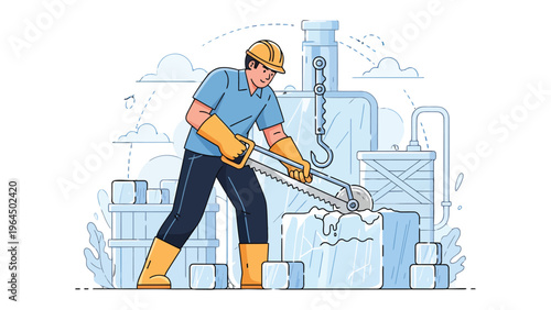 Industrial Precision: An industrial worker uses a hand saw to precisely cut through a block of ice, showcasing skillful craftsmanship and the dedication to accuracy within an industrial setting.