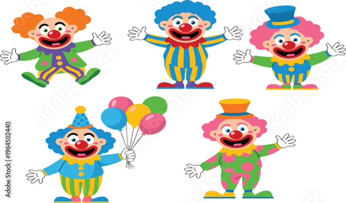 Colorful cartoon clowns with balloons, hats, costumes, exaggerated facial expressions, playful circus theme for children’s entertainment, party, and festive design illustrations