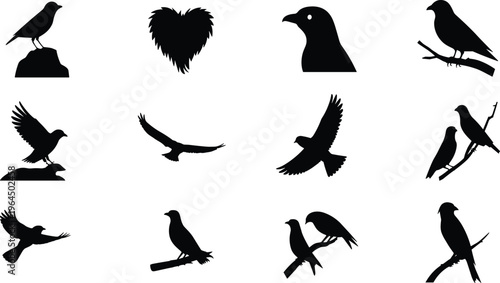 Black silhouette icons of birds perched, flying, resting, and interacting, diverse wing shapes and heart design for illustration, nature, and creative references