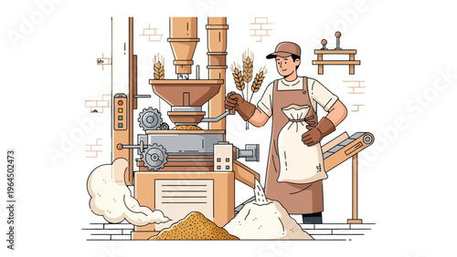Artisan in a Flour Mill: A skilled artisan operates a flour mill, transforming grain into fine flour, highlighting the precision and skill involved in traditional baking.