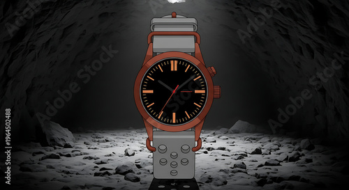 Wallpaper Mural Rugged luxury wristwatch with a black dial and copper bezel displayed on a stony ground inside a dark cave with dramatic spotlight for high-end adventurous outdoor brand advertising campaigns Torontodigital.ca