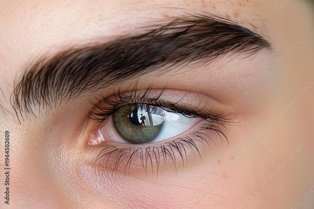 Fototapeta premium Green eye with long eyelashes and well defined eyebrow reflecting photographer