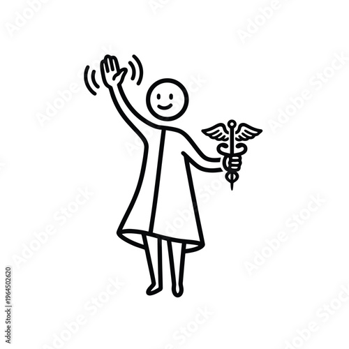 Stick figure doctor waving with caduceus symbol.