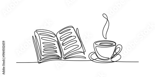 A single line drawing illustration of an open book resting next to a steaming hot coffee cup Vector, illustration