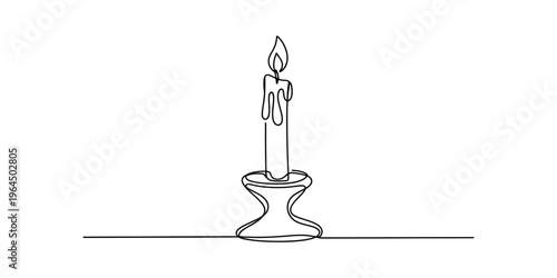 A single continuous line drawing of a lit candle standing on a holder isolated on white background Vector, illustration