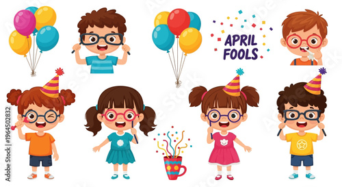 Cartoon children celebrate April Fools' Day with colorful balloons and party props in a playful illustration