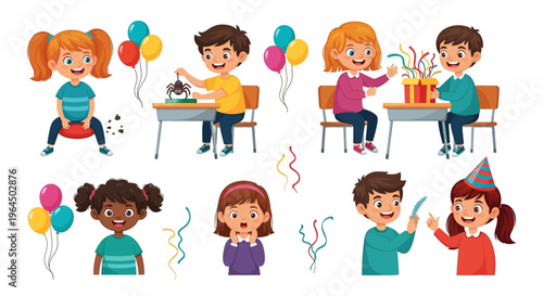 Cartoon children celebrating April Fools' Day with pranks and party props in a colorful illustration with a joyful mood