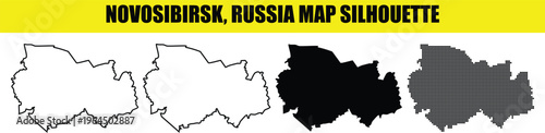 Novosibirsk, russia map silhouette with different styles: solid white, outline, solid black, and halftone dotted versions.