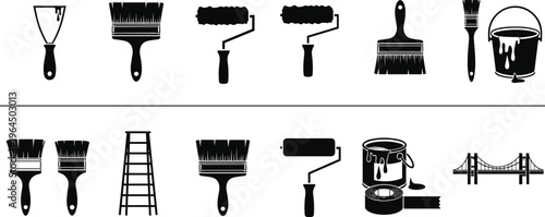 Vector illustration of painting and construction tool silhouettes including brushes, rollers, putty knife, ladder, paint bucket, tape, and suspension bridge icons