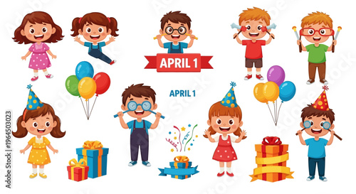Colorful cartoon children celebrating April Fools' Day with party props and pranks in a playful illustration