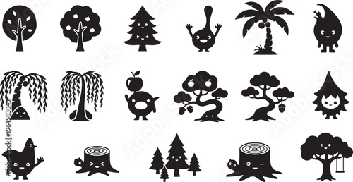 Black silhouette of animals plants and including cat dog zebra panda and tree