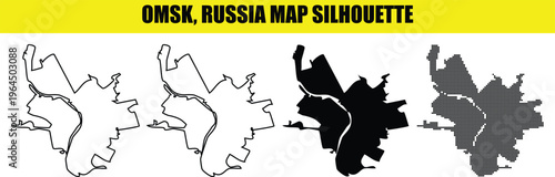Omsk city map silhouette collection showing urban borders in solid black and outlined styles for geographic designs.
