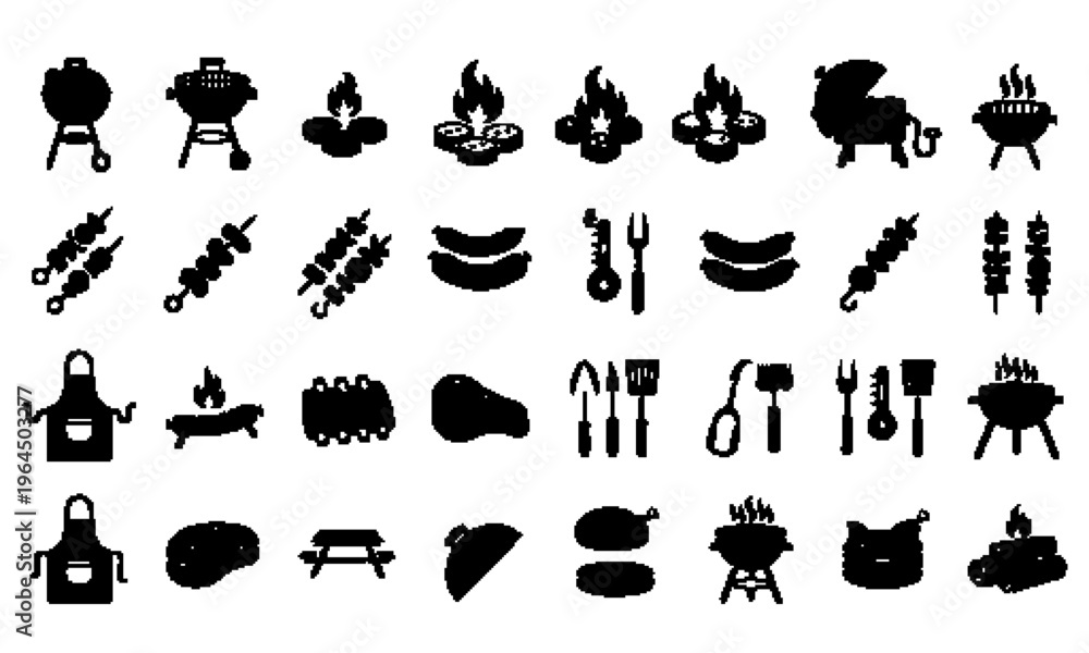 Fototapeta premium Barbecue and Grilling Icon Mega Set - Minimalist BBQ, Outdoor Cooking, and Steakhouse Vector Symbols