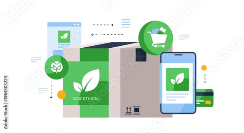 Eco-Friendly Online Shopping & Ethical Delivery. Green E-commerce with Sustainable Packaging, Mobile Commerce, and Responsible Consumerism.