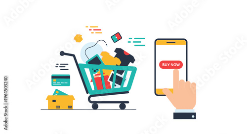 Mobile Online Shopping and E-commerce Concept: Hand Tapping "Buy Now" on Smartphone with Shopping Cart, Credit Card, and Delivery Box Illustration