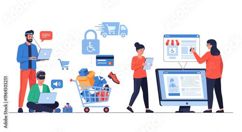 Digital E-commerce & Online Shopping Platform: Web Development, Secure Payments, Delivery & Accessibility Solutions Illustration