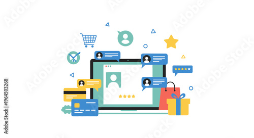 E-commerce Customer Journey Illustration: Online Shopping, Reviews, Payment, and Delivery