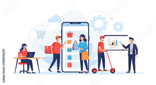 Online Shopping & E-commerce: Mobile Retail, Fast Delivery, Customer Support, and Business Analytics Concept
