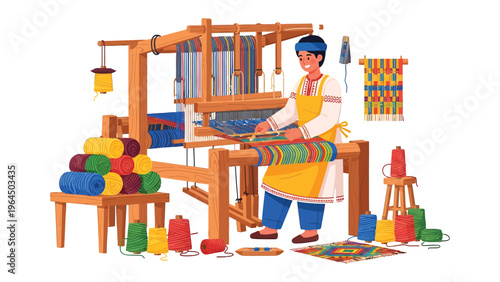 Weaving Mastery: A skilled artisan, absorbed in the intricate art of weaving, expertly manipulates threads on a traditional loom. It's a colorful display of textiles.