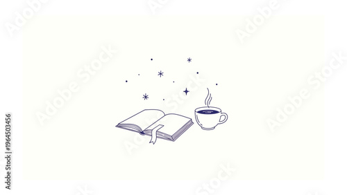 A moment of Reading: An open book rests invitingly beside a warm cup of coffee,  stars surrounding create a cozy and relaxing atmosphere. 